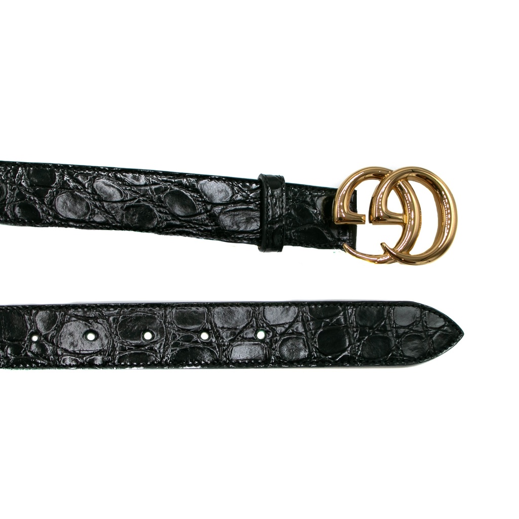 Guccin GG Marmont Leather Slim Black Belt with Shiny Buckle